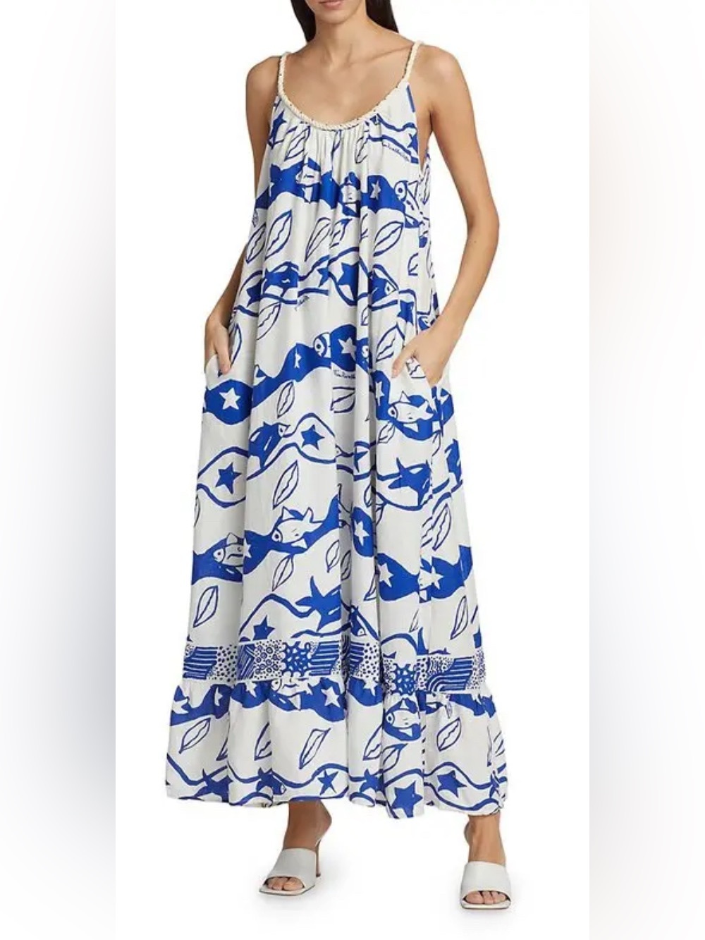 FARM Rio White Maxi Dress with Bold Blue Print